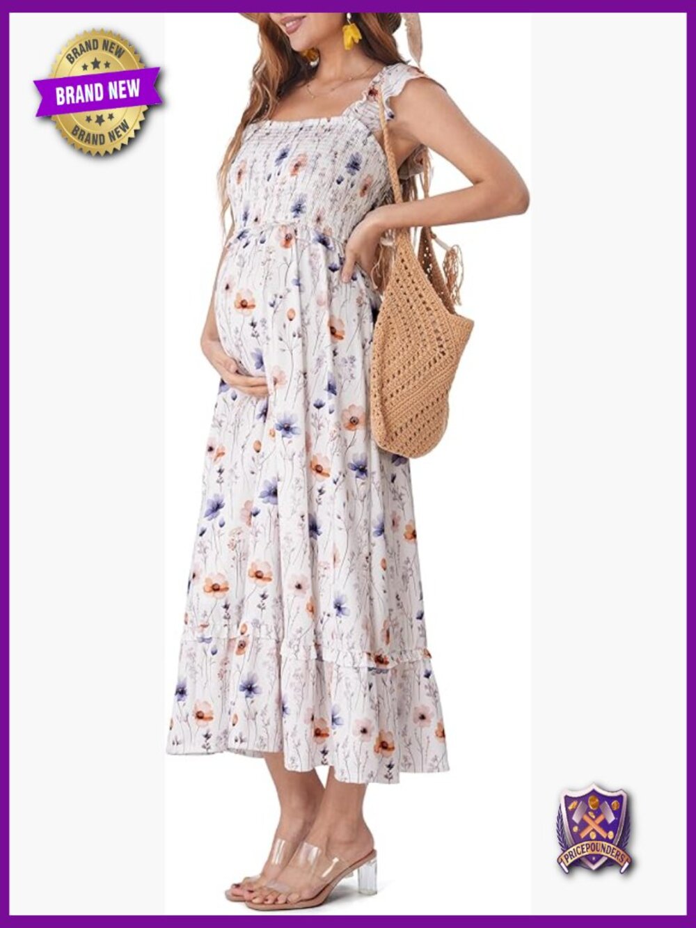 Smocked Maxi Maternity Dress Ruffle Sleeves Casual Vacation
